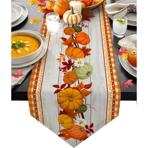 Thanksgiving Pumpkin Maple Leaf Wood Grain Table Runners Wedding Decor Table Cover Christmas Decorations for Home Table Cloth