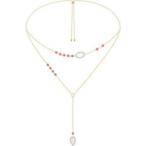 SLJELY Women Multi Layer Red Coral Necklace 100% 925 Sterling Silver AAA Cubic Zirconia Gold Color Pink Candy Necklace Fine