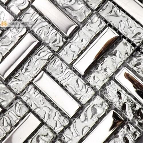 Mixed Glass with Stainless Steel,Gray Color mosaic tiles, kitchen backsplash, bathroom tiles, strip, Free Shipping