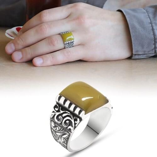 Tesbihane Erzurum Handwork Dörtgen Yellow Crimp Amber Gemstone 925 Sterling Silver Men 'S Ring