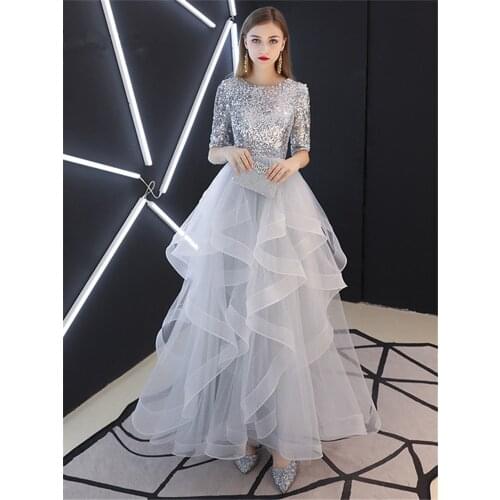 Evening Dress 2019 Real Sequins Half Sleeve Tiered Hems Evening Gowns Gray Party Dresses robe de soiree