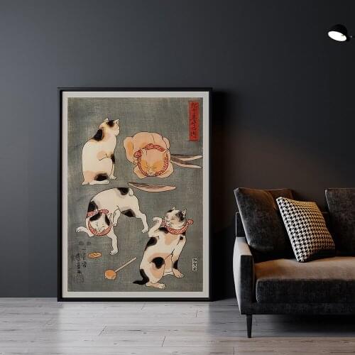 Vintage Japanese Culture Posters and Prints Four Cats Animal Art Canvas Painting Wall Pictures For Living Room Woodblock Home