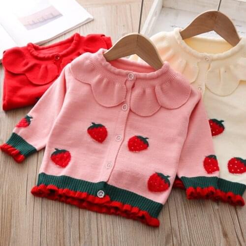 Baby Girls Knitted Cardigan Tops Spring New Sweet Ruffled Collar Strawberry Cute Sweater Coat Baby Girls Cloths Kids