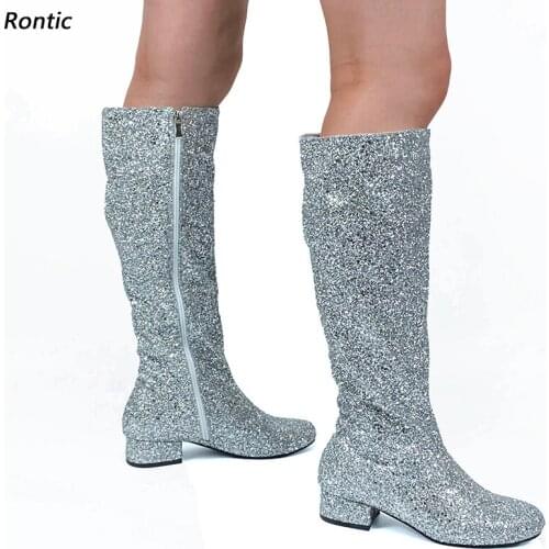 Rontic Handmade Women Winter Knee Boots Glitter Side Zipper Flat With Heels Round Toe Gorgoeus Silver Dress Shoes US Size 5-20