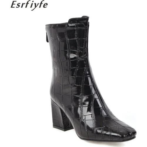 ESRFIYFE 2020 New White Black Women Boots Comfy High Heel Ankle Boots Fashion Square Toe Zipper Boots Autumn Winter Ladies Shoes