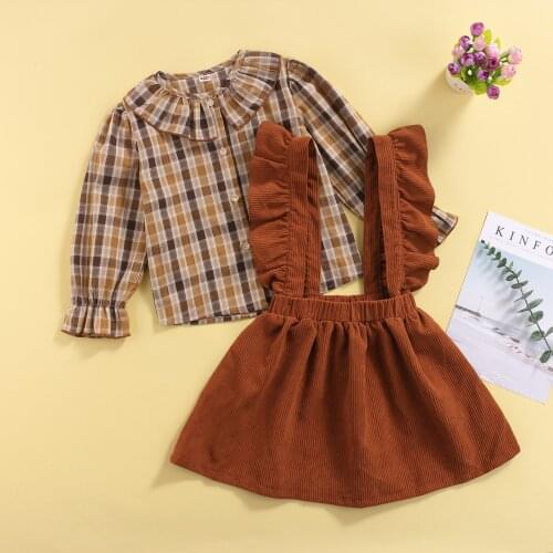 2-6Y Lovely Kids Girls 2pcs Clothes Sets Plaid Printed Long Sleeve Peter Pan Collar Shirts Tops+Suspender Skirt