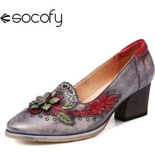 SOCOFY Retro Leather Splicing Floral Highlight Small Flower Leather Slip On Loafers Women Shoes High Heel Botas Mujer 2020