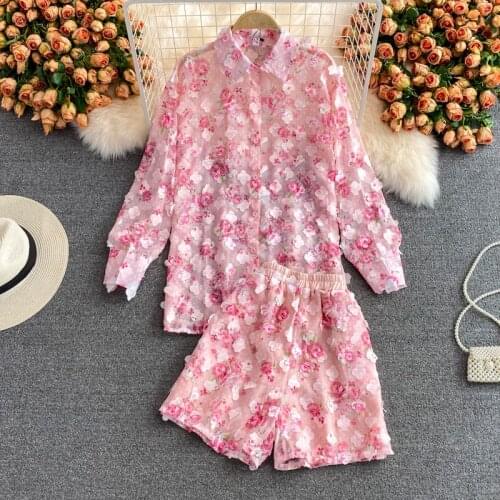 Sunscreen Blouse Suits Spring Womens Print Single-Breasted Long Sleeve Shirt Tops + Elastic Waist Wide Leg Shorts 2 Piece Sets