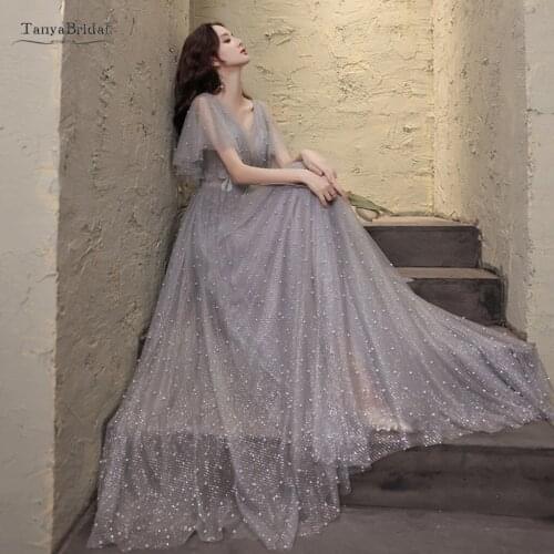 A Line Gray Prom Dresses Short Sleeves 2021 New Pearls Elegant Simple Women vestido de fiesta de boda Evening Party Dress JQ806