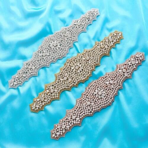 SESTHFAR (1PC) Silver rose gold bridal belt wedding applique with crystals sewn iron on for wedding dress