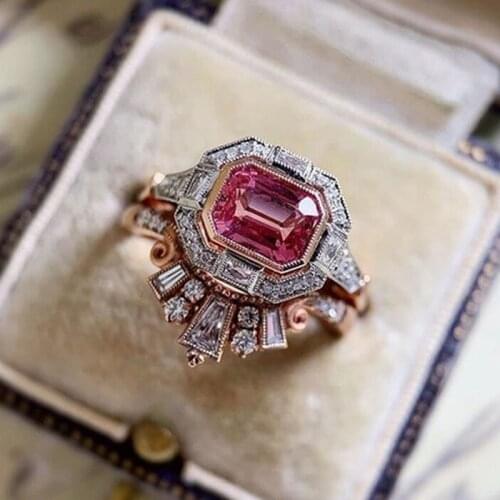 2020 Luxury Vintage Red Zircon Crown Rings For Women Rose Gold Color Female Jewelry Wedding Engagement Party Valentine Gifts