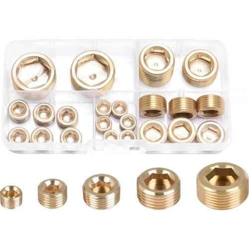 23Pcs Brass Pipe Fitting,1/8 inch 1/4 inch 3/8 inch 1/2 inch 3/4 inch NPT Brass Internal Hex Thread Socket Pipe Plug Set
