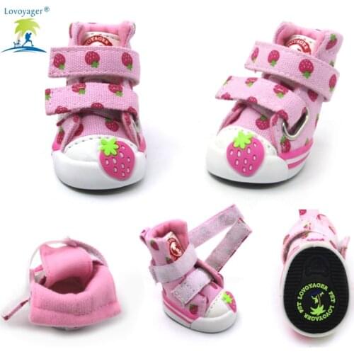 4pcs Cute New Fancy Strawberry Small Dogs Shoes Soft Warm Velvet Chihuahua Dog Boots Teddy Puppy Sneaker pink/blue