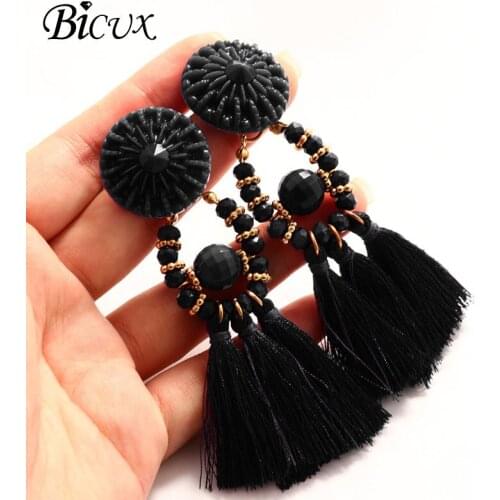BICUX Fashion Bohemian Tassel Ethnic Long Earrings White Red Silk Fabric Drop Dangle Tassel Earrings For Women 2019 Jewelry