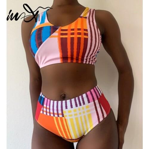 In-X Print bikini set Bandeau swimwear women 2021 High waist swimsuit womens swimming suit Sports bathing suit Vintage biquini