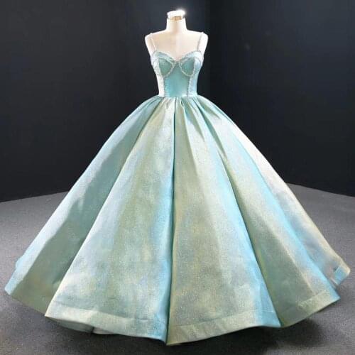 DD JYOY Beads Straps Ball Gown Evening Dress Long 2020 Light Blue Fluffy Prom Gown Evening Women Wear Elegant Sweetheart Lace Up