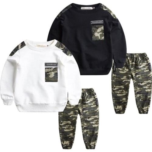Childrens Clothing Boys' Spring Suits Kids Camouflage Boys' Sports Sets Spring and Autumn Two-piece Suits Black White Color
