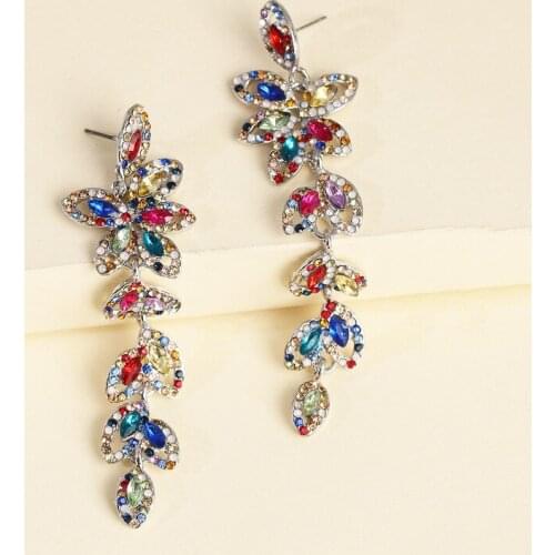 Bohemian Sparkly Rainbow Crystal Flower Long Earrings Metal Rhinestones Floral Drop Dangle Earrings for Women Boho Jewelry Gifts