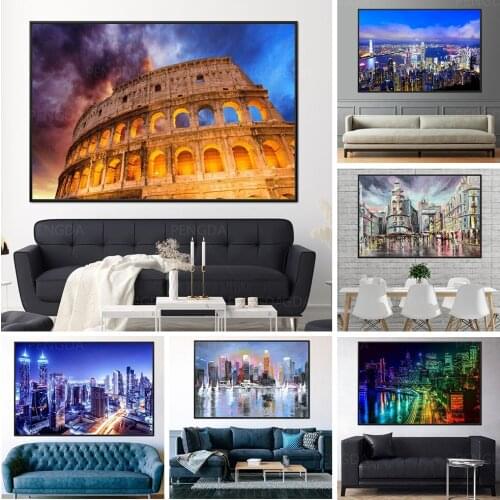 Home Decor Bridge City Build Night View Canvas Painting Hd Prints Landscape Pictures Wall Art Modular Poster Bedside Background