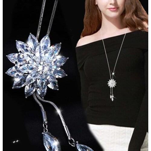 Hot Sales Shining Rhinestone Maple Leaf Sweater Chain Party Elegant Long Pendant Jewelry Fashion Pearl Neck Accessories