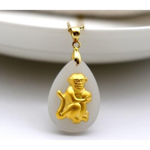Natural Hetian Jade Necklace For Men Women 24k Gold Lovely Monkey Shape Pendants Male Female Femme Unisex Fine Jewelry