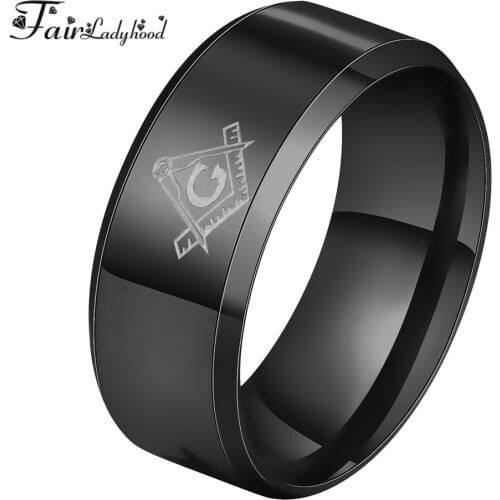 FairLadyHood Masonic Black Silver Color Gold 316L Stainless Steel Ring 8 mm For Men Boy Freemasonry Gifts Jewelry