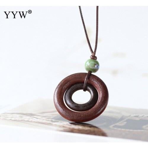 Fashion Wood Pendant Necklace Boho Jewelry Gift for Women Vintage Long Maxi Collier Porcelain Beads Charm Adjustable Cord Chain