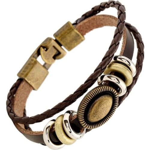 Fashion Vintage Retro Oval Bead Bracelet Cuff Alloy Charm Wristbands Multilayer Weave Leather Bangle Wrap Men Women Punk Jewelry