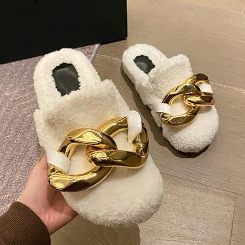 Big Metal chain fur mules female thicken soled fleeces slides winter shoes warm creepers cover toe lambswool slippers women 2021