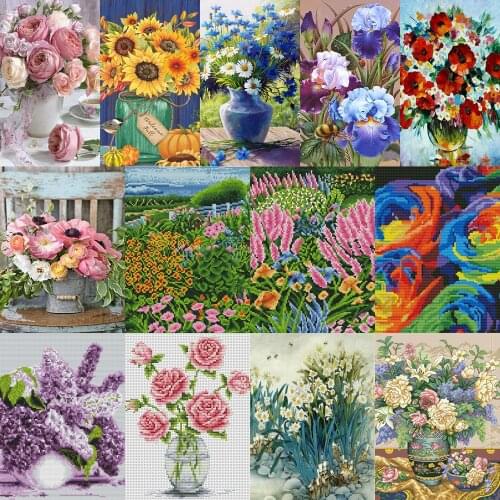 DIY Flower Series Cross Stitch Needlework Blooming Flowers 11CT Cross Stitch Kit Home Decoration Gift Hanging Painting