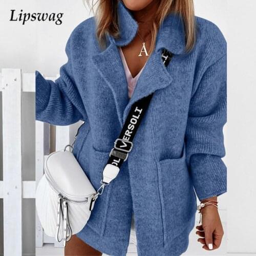 Autumn Solid Turn-Down Collar Loose Tops Cardigan Fashion Pocket Women Knitted Sweater Winter Long Sleeve Thick Sweaters Jumper