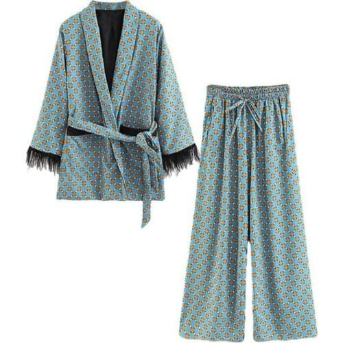 2020 New Arrival Blue Printed Kimono Jacket with Feather Sleeves Wide Leg Loose Cuasal Trousers Women Vintage Clothing Suits