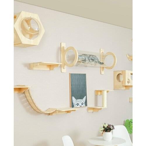 Solid Wood Wall-mounted Cat Litter Cat Tree Integrated Platform Springboard Climbing Ladder