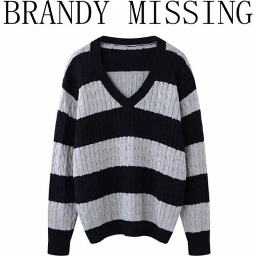 Oversize Girls Soft Cotton Vintage Sweater 2021 Office Ladies Casual Loose Women Mid-length Striped Contrast Sweater