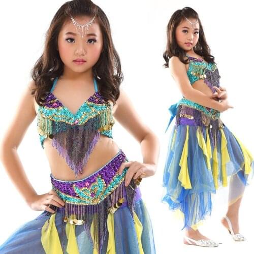Girl Bollywood Dance Wear Child Belly Dance Clothing 3pcs/Set Beaded Bra Belt Skirt Indian Kids Bellydance Performance Costume