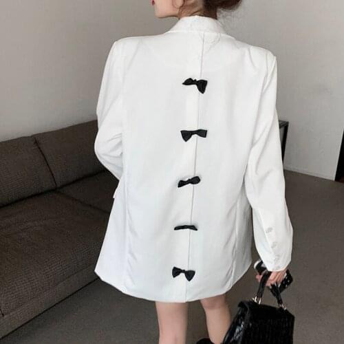 2021 Spring Autumn New Womens Design Sense Bow Blazer Office Lady Temperament Loose Notched Single-breasted Solid Outcoat