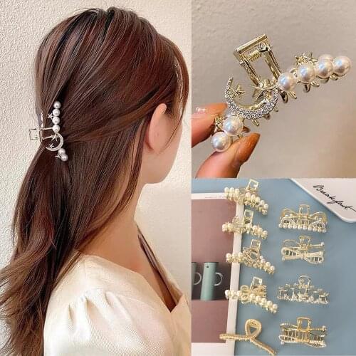 Shiny Crescent Diamond Women Elegant Metal Hair Claw Vintage Hair Clips Headband Hairpin Pearl Stars Hair Claws Accessories