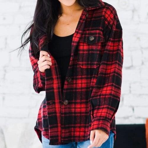 Women Vintage Plaid Shirts Thick Tweed Jacket Coat Elegant Ladies Chic Casual Shirt Pocket Oversized Shirt Coat Long Sleeve