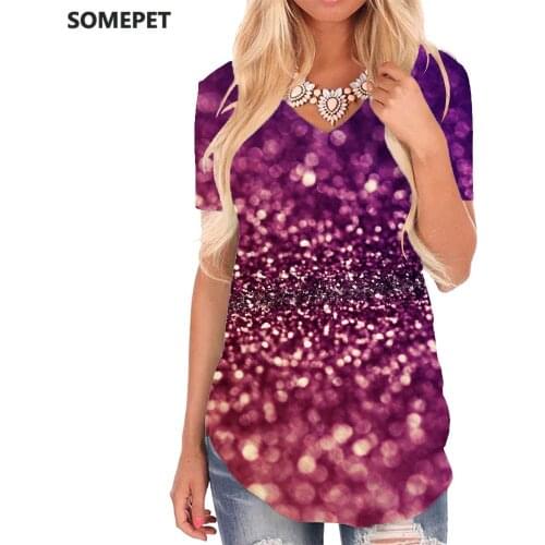 SOMEPET Psychedelic T-shirt women Colorful V-neck Tshirt Shine T-shirts 3d Novel Shirt Print Womens Clothing Fashion Casual Tops