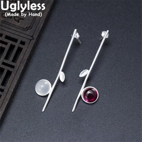 Uglyless Mixed Colors Chalcedony Corundum Branches Earrings for Women Fashion Asymmetric Brincos 925 Silver Leaves Studs Earring