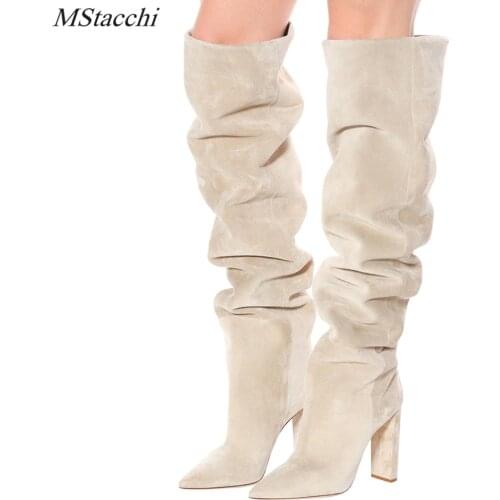 MStacchi Women Faux Suede Over The Knee High Slouchy Boots Pointy Toe Chunky Heel Slouch Long Boots Ladies Winter Heeled Shoes