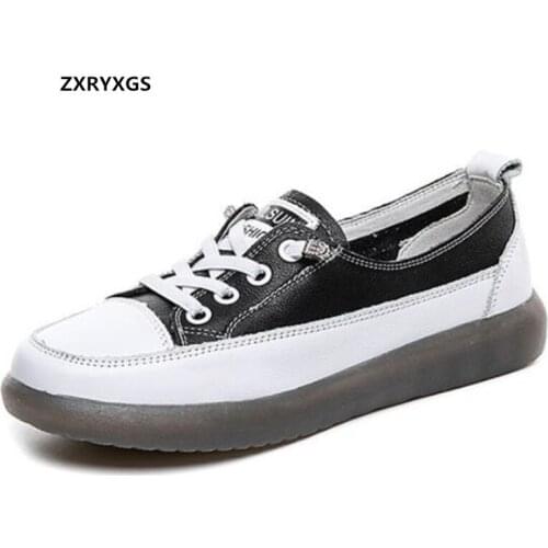2021 Spring Full Genuine Leather Shoes Women Sneakers Shoes Flat Soft Sole Wear Comfort Black White Casual Sneakers Trendy Shoes