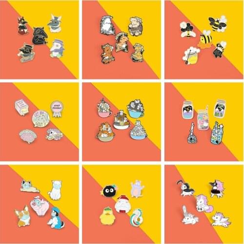 Feminist 9pcs Animal Mask Enamel Pin hedgehog Whale Honey skull horse Brooches Bag Lapel Pin Childhood Movie Badge Jewelry Gifts