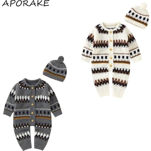 2021 0-18M Infant Baby Boy Girl Knitted Romper Geometric Pattern Round Neck Button Fly Long Sleeve Jumpsuit+Hat Winter Fall 2pcs