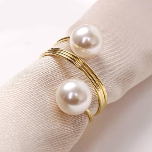 6pcs Gold Silver Metal Pearl Napkin Rings Bow Buckles Serviette Holder For Hotel Wedding Party Banquet Home Table Decoration