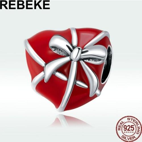 Auffik 100% sterling silver 925 charm Love Gift Box red enamel pendant fit Pandora beads jewelry for women birthday gift making