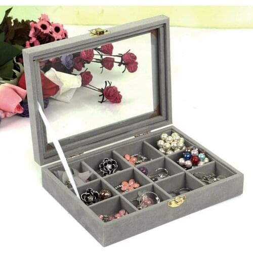 12 Grids Velvet With Glass Earrings Necklace Bracelets Jewelry Display Organizer Box Holder jewelry box шкатулка для украшений