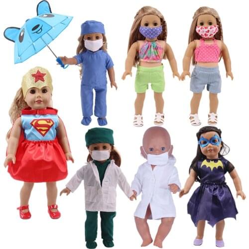 Doll Clothes Umbrella Mask Doctor Nurse Uniform Clothes Superhreo Spider Suits Fit 18 Inch American Doll&43 Cm Baby Doll Girl
