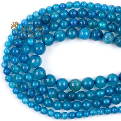 Natural Stone Beads Smooht Blue Cracked Agates Round Beads For Jewelry Making Charms Diy Bracelet Necklace Accessories 15"