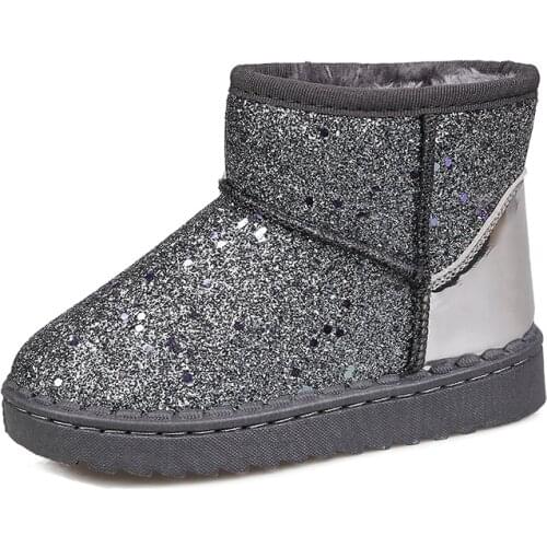 Children Winter Boots Warm Cotton Thick Plush Sequined Fabric Rubber Kids Ankle Snow Boots for Boys Girls Anti-slippery Classic